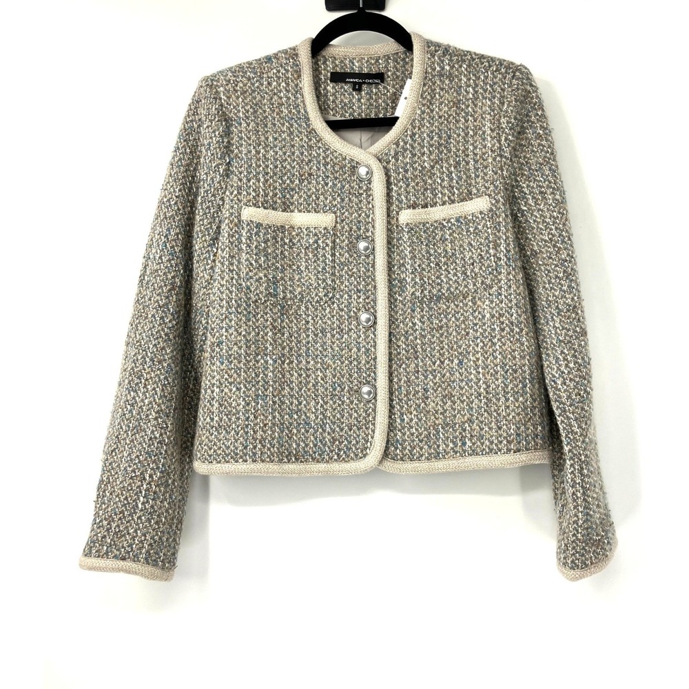 Amanda + Chelsea Womens Beige Blue Tweed Cropped Blazer Jacket Small